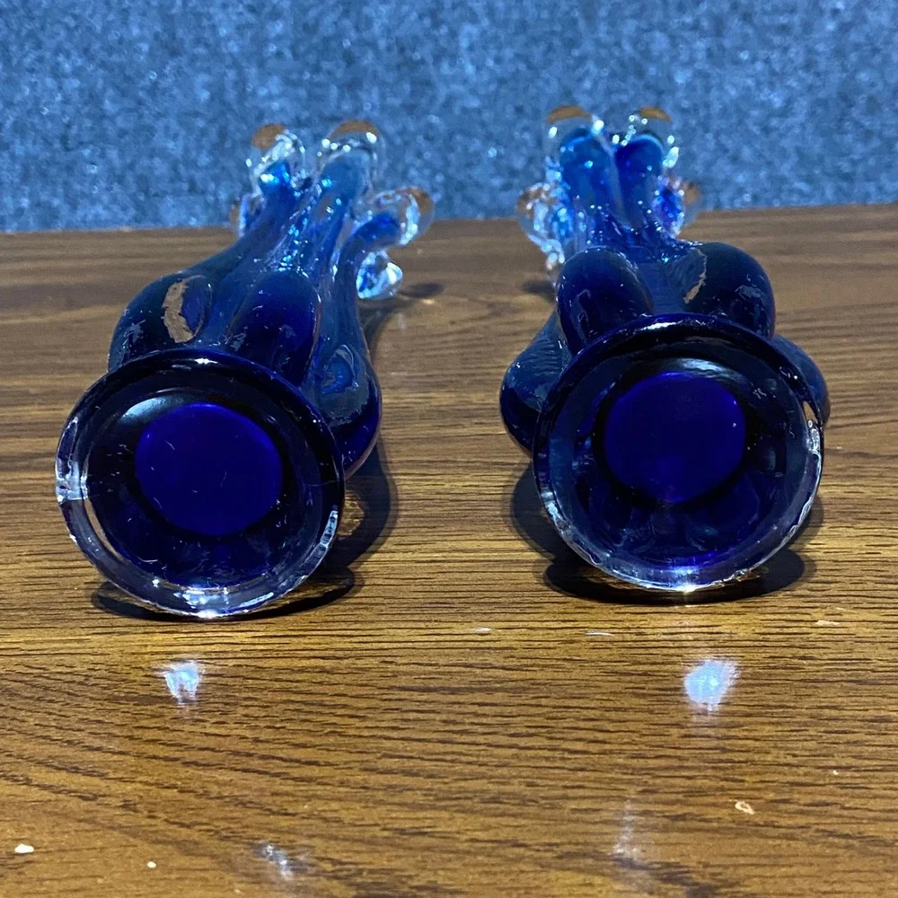 Vintage MCM Cobalt Blue Swung Glass Bud Vases 6 Finger Ruffled Set of 2 9